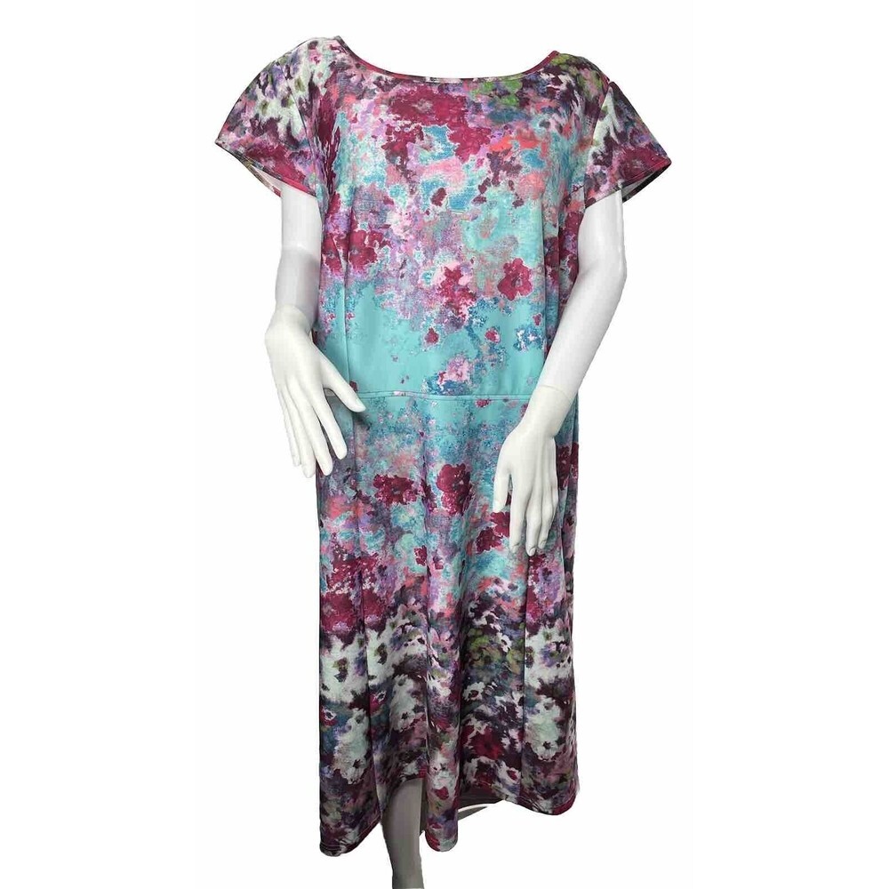 Adrianna Papell Aqua Teal and Magenta Floral Midi Dress